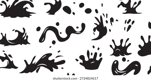 Una colección de varias salpicaduras de tinta negra, salpicaduras y goteos que forman un patrón abstracto y energético. Las Formas son orgánicas y fluidas, lo que sugiere movimiento e impacto, sobre un fondo blanco limpio.
