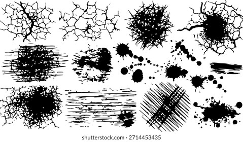 Colección de varias salpicaduras de tinta negra y pinceladas