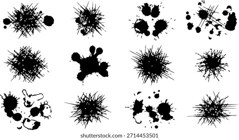 Colección de varias salpicaduras de tinta negra sobre fondo blanco