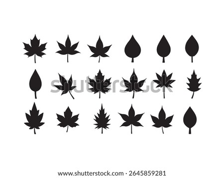 A collection of various black leaf silhouettes is displayed against a clean white background.