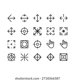 Colección de varios iconos lineales negros que representan la dirección y la interacción
