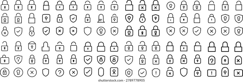 A collection of various black lock and shield icons on a white background, representing security and protection concepts in a digital or design context.