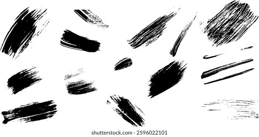 A collection of various black paint brush strokes on a white background, showcasing different styles and thicknesses.