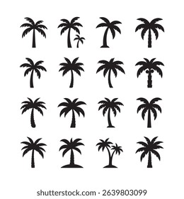 Collection of various black palm tree silhouettes for tropical vacation and summer designs