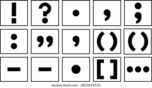 A collection of various black punctuation marks and symbols arranged in a grid, isolated on a white background, representing grammar, writing, typography, and linguistic communication elements for design.