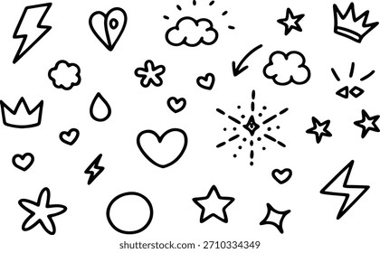 Collection of various black shapes, including circles, squares, stars, splatters, and other abstract forms.