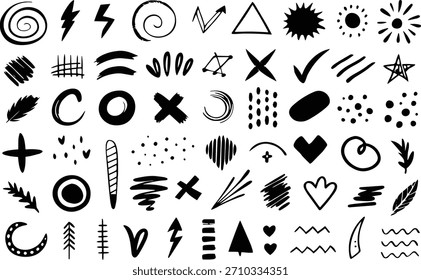 Collection of various black shapes, including circles, squares, stars, splatters, and other abstract forms.