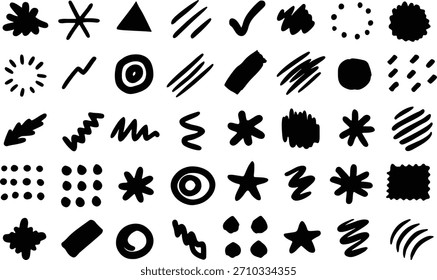 Coleção de várias formas pretas, incluindo círculos, quadrados, estrelas, manchas e outras formas abstratas.