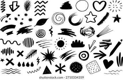 Colección de varias Formas negras, incluyendo círculos, cuadrados, estrellas, salpicaduras y otras formas abstractas.