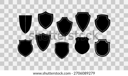 Collection of various black shield silhouettes with a distressed texture against a transparent checkered background.