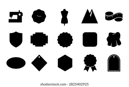 A collection of various black silhouette badges, labels, and emblems presented on a white background, offering versatile design elements for branding and graphic projects.