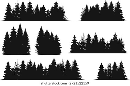 Colección de varios bordes de siluetas negras que representan densos bosques de pinos y bosques de hoja perenne que proporcionan excelentes Elementos de paisajes naturales para proyectos de diseño paisajístico y creaciones temáticas de áreas silvestres.