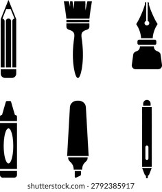 Collection of various black silhouettes of art supplies and drawing instruments against a transparent background.