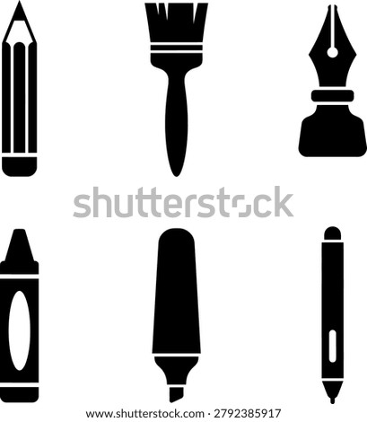 Collection of various black silhouettes of art supplies and drawing instruments against a transparent background.