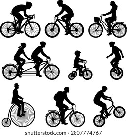 A collection of various black silhouettes depicting people riding different types of bicycles, including road bikes, tandem bikes, tricycles, and vintage penny-farthings.