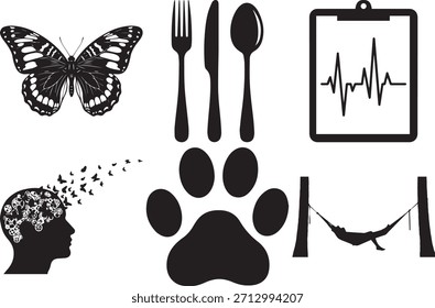 Colección de varias siluetas negras que incluyen una mariposa elegante, utensilios esenciales para comer, adorable animal paw print, representación simbólica del pensamiento con una cabeza humana y engranajes, ritmo cardíaco médico y persona relajándose en una hamaca.