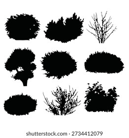 Colección de varias siluetas negras de árboles y arbustos en diferentes Formas y tamaños