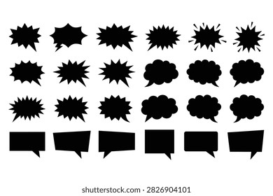 Collection of various black speech bubble graphic elements with communication dialogue conversation explosions elements collection isolated callouts expression thoughtbubble speechballoon