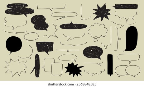 A collection of various black speech bubbles on a beige background. Speech bubbles in different shapes and sizes, ideal for comics, cartoons, and graphic design. Message illustration vector.