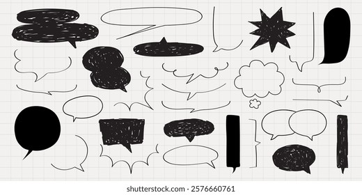 A collection of various black speech bubbles and thought clouds on a grid background. Speech bubbles and thought clouds in different shapes and sizes. Message illustration vector.