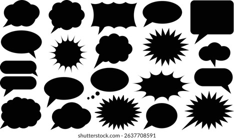 Collection of various black speech bubbles and comic book chat shapes for visual communication