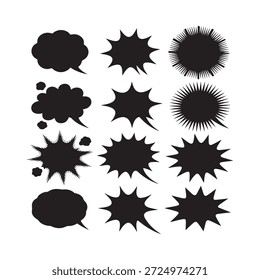 Collection of various black speech bubbles and explosion effects illustrations