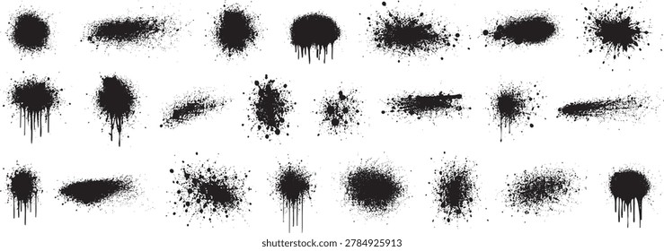 Collection of various black spray paint splatters, ink blots, and drips isolated on a white background for design elements.