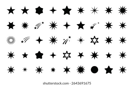 Collection of various black star icons, including shooting stars, sparkles, and different star shapes, perfect for design projects.