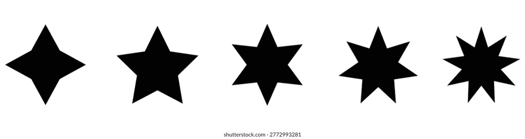 Collection of various black star shapes on isolated white background for design and decoration purposes