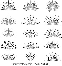 Collection of various black starburst explosion graphic design elements on white background