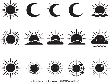 A collection of various black sun and moon weather icons representing different times of day, celestial events, and atmospheric conditions in a simple style.
