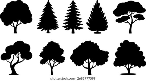 Una colección de varias siluetas de árboles negros mostradas sobre un fondo blanco. Vector escalable...