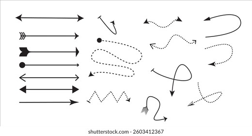 A collection of various black vector arrows, including straight, curved, dashed, and decorative styles. Perfect for infographics, presentations, navigation,design.
