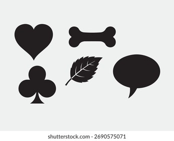 Colección de varios iconos de vectores negros aislados sobre fondo blanco, incluyendo corazón, club, hueso, hoja y burbuja de discurso en un diseño minimalista