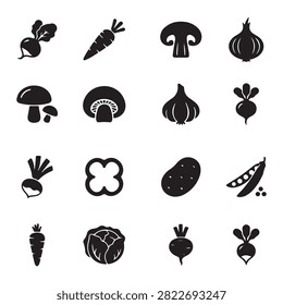 Collection of various black vegetable icons including carrot mushroom onion potato pea and radish for healthy food design.