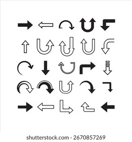 Colección de varios símbolos e íconos de flechas en blanco y negro sobre un fondo blanco