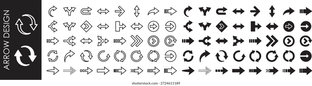 Sammlung verschiedener schwarz-weißer Pfeilsymbole und Symbole für Design und Navigation auf weißem Hintergrund