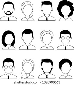 Collection of various black white avatars of man, woman. Set of different avatar business peoples in colorful flat style.

