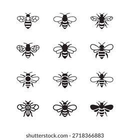 Coleção de várias ilustrações de abelhas pretas e brancas sobre um fundo branco