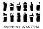 Collection of various black and white beverage bottles and glasses with straws for drink and smoothie concepts