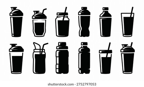 Collection of various black and white beverage bottles and glasses with straws for drink and smoothie concepts