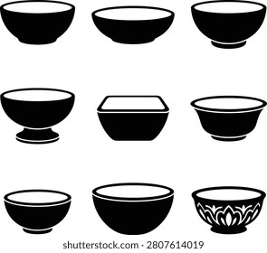 A collection of various black and white bowl icons arranged in a grid, representing different shapes and styles of kitchenware.