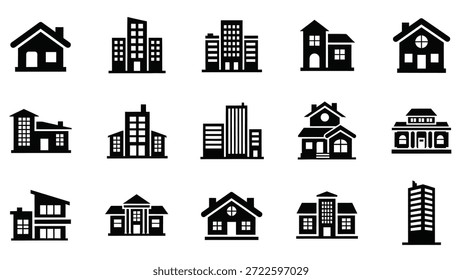 Colección de varios iconos de edificios en blanco y negro sobre un fondo blanco liso
