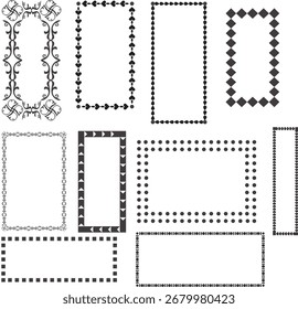 Una colección de varios marcos y bordes decorativos en blanco y negro en diferentes Formas y patrones, presentados sobre un fondo blanco.