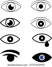 Coleção de vários ícones de olho preto e branco que retratam visão, emoção e conceitos visuais