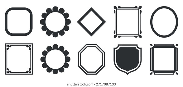 a collection of various black and white frame shapes arranged in a grid including circles squares diamonds and decorative designs