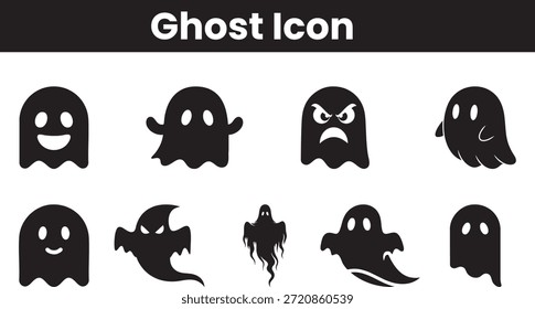 A collection of various black and white ghost icons showcasing different expressions and forms for Halloween themes