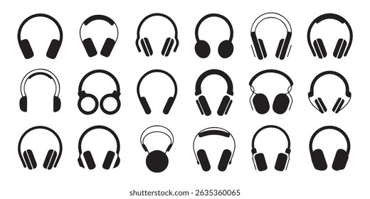 Collection of various black and white headphone illustrations representing music and sound technology