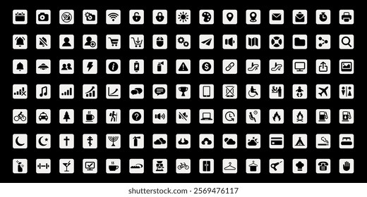 Collection of various black and white icons on a black background. Icons include shopping, communication, travel, and more. Simple and versatile icon set. User interface icon vector set.