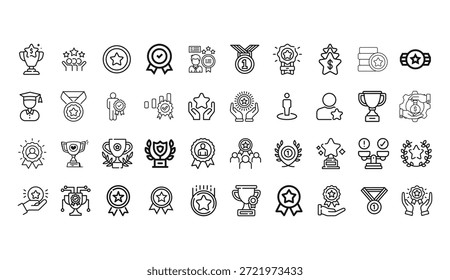 Una colección de varios iconos de logros y premios de arte de línea en blanco y negro